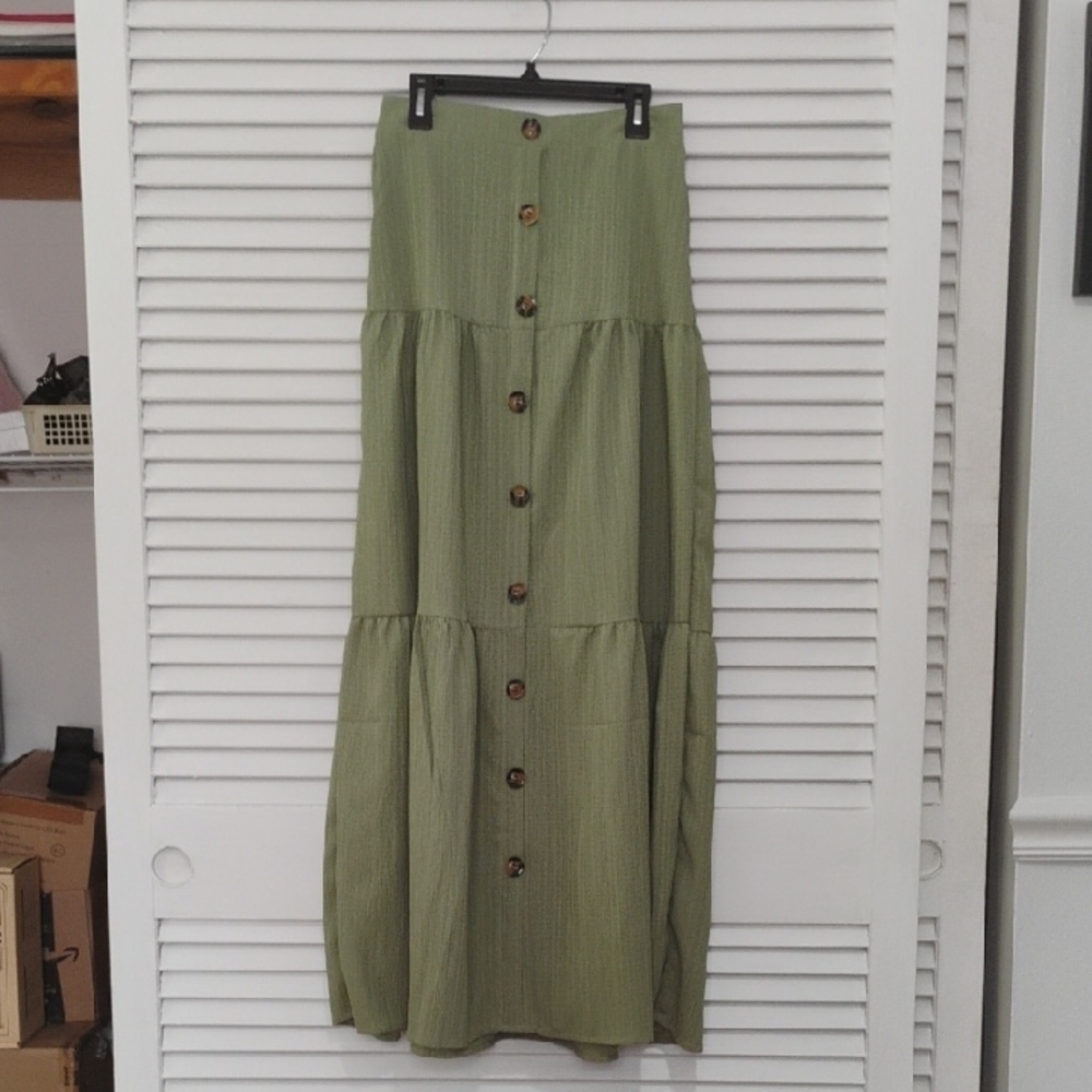 SheinOlive Green Button-Down Maxi Skirt